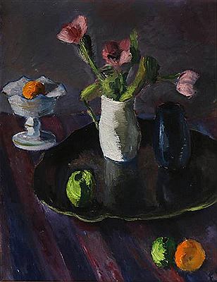 Edvard Anders Saltoft : Still life with flowers, fruits and vases