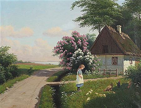 Alfred Larsen : A girl feeding hens in front of a house