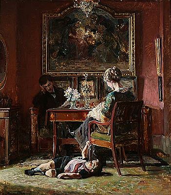 Viggo Pedersen : A living room interior with three figures