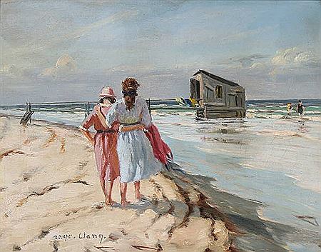 Aage Wang : Two women walking along the beach.