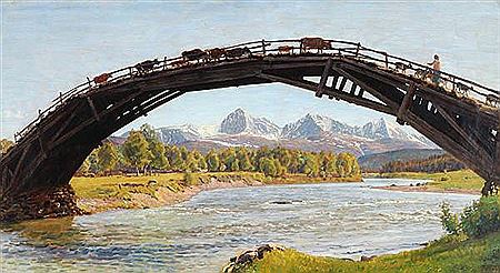 Niels Skovgaard : A Norwegian landscape with cattle being herded over a bridge.