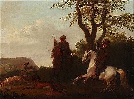 Christian David Gebauer : Hunting scene with hunters on horseback.