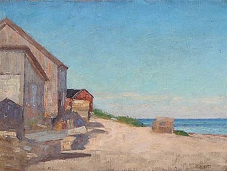 Anders Christian Terslose : Houses on the beach underneath a clear blue sky.