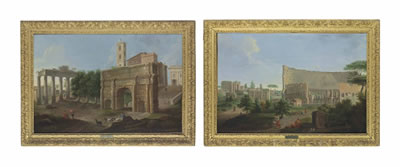 Giovanni Battista Busiri : A Roman capriccio with the Colosseum and the Arch of Constantine; and A Roman capriccio with the Campo Vaccino, the Arch of Septimus Serverus, the Temple of Saturn and the Palazzo dei Senatori