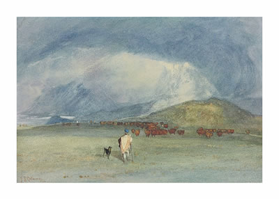 John Sell Cotman : In the Grampians, a drover with his dog and cattle beyond