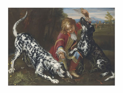 Niccolo Cassana : A young boy in livery with two English setters in a landscape