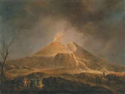 Michael Wutky : A view of Vesuvius erupting with Sir William Hamilton observing from afar with his crew, the painter on the right