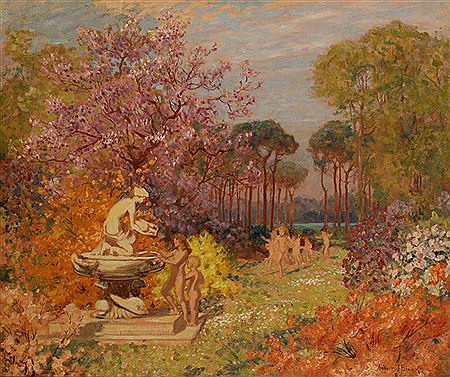 Arthur John Black : Nude children frolicking in a garden