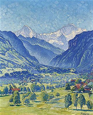 Paul Schurch : Sommerliches Tal mit Mönch und Jungfrau