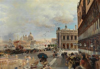 Oswald Achenbach : Venice, a view of the Piazzetta, with the Biblioteca Marciana, Santa Maria della Salute and the Dogana