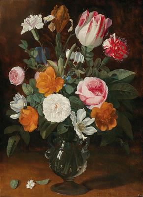 Jan Philipp van Thielen : A still life of roses, tulips, carnations, irises and forget-me-nots in a glass vase