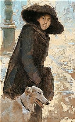 Arnaldo Ferraguti : Elegant young lady with a dog