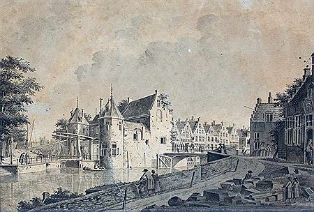 Theodor Dirk Verrijk : View of the Gate Weerd, the Sand Bridge and houses on the Old Canal in Utrecht