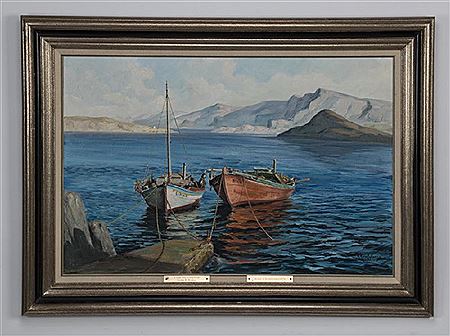 Antonis Karafyllakis : Boats docked in a Greek harbor with mountains beyond