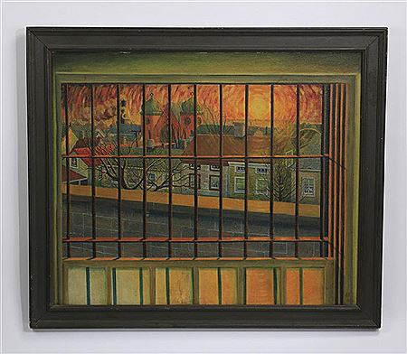 Harry Campbell : Landscape depicting a radiating sunset over a village with two synagogues in the distance as seen through a window with iron bars