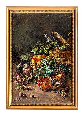 Julia Alcayde Y Montoya : Nature morte au panier, coq, noix