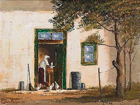 Luther Marais : Farm Scene with Figure & Chickens