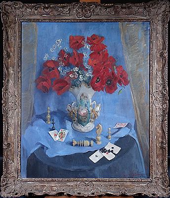 Louise Gobert : Nature morte au vase, cartes à jouer et pièces d'échecs