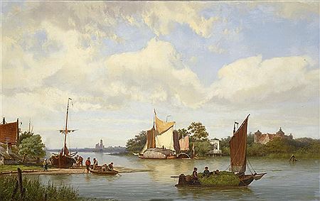 Hendrik Barend Koekkoek : SCENE ON A DUTCH CANAL