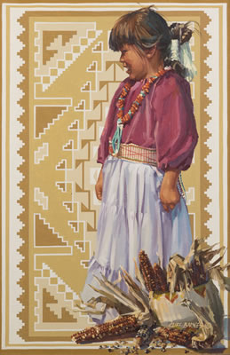 Cliff (Clifford V) Barnes : Young Navajo girl with a basket of corn