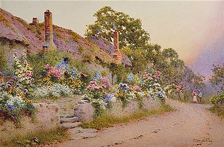 John Abernethy (JA) Lynas-Gray : West Porlork, Somerset, with a Cottage covered in Flowers