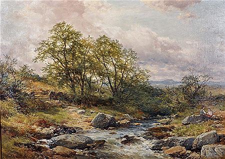 John C Syer : A Rocky River Landscape, with Figures Resting