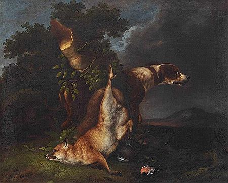 Wenzel Ignaz Prasch : Hunting Still Lifes A Hound with hunted rabbit and birds - Hound with hunted fox and birds (2)