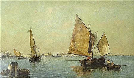 Carl Freiherr Von Malchus : Fischerboote in der Lagune von Venedig, im Hintergrund die Silhouette der Stadt mit dem Markusplatz. (18)84