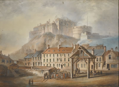 John Claude Nattes : VIEW OF EDINBURGH CASTLE FROM THE GRASS MARKET; TOGETHER WITH A VIEW OF THE HUNTINGTOWER CASTLE, PERTHSHIRE