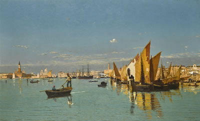 Guglielmo Ciardi : A VIEW OF ST MARKS BASIN WITH THE PUNTA DELLA DOGANA