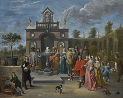 David Teniers II : AN ELEGANT COMPANY BEFORE A PAVILION IN AN ORNAMENTAL GARDEN