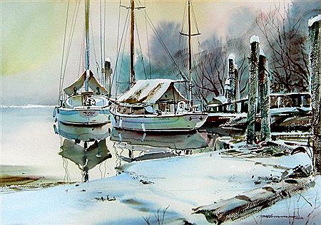 Marke Simmons : Saliboats Moored under Winter Snow