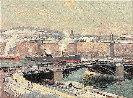 Narcisse Guilbert : Pont Boieldieu snow at sunset