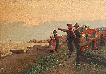 Reinhold Hansche : Swedish coastal scape with children overlooking the sea