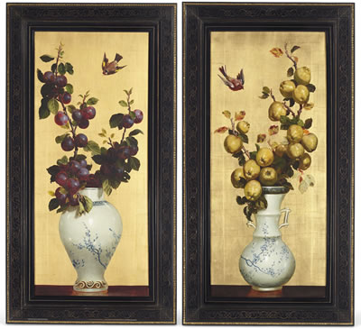 William Hughes : A pair of still lives with apples and plums in a Japanese vase