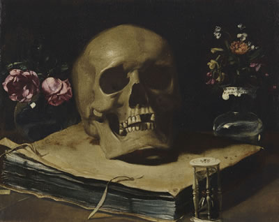 Giovanni Francesco (Guercino) Barbieri : A vanitas still life with a skull atop a book, an hourglass and two glass vases of flowers