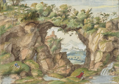 Gherardo Cibo : A rocky arch with figures by a stream, and buildings in a hilly landscape beyond