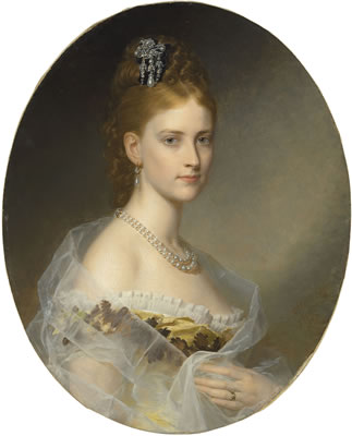 Heinrich Muller : Portrait of the Hon. Edith Jocelyn, Viscountess Sudley, bust length, in a yellow dress and white wrap