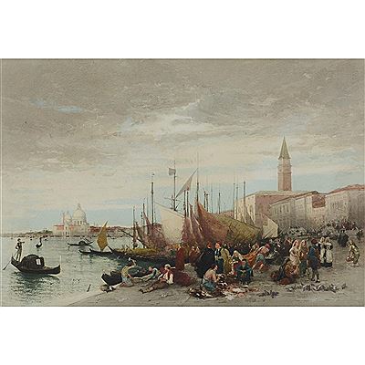 Clara Montalba : Fisherfolk before the Doges Palace with Santa Maria de la Salute beyond