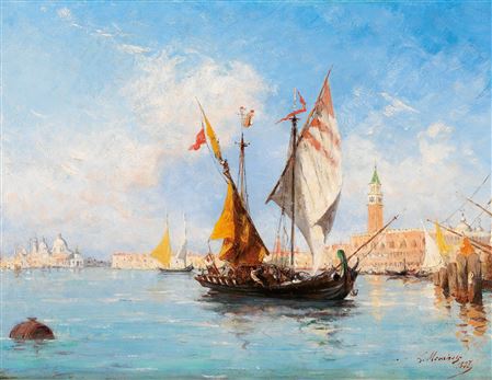 Louis Claude Mouchot : Venice, sail boats in the Bacino di San Marco