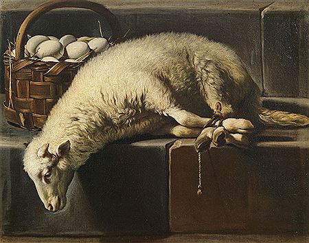 Giovan Battista Recco : A ligated lamb besides a basket of eggs, an Allegory of Easter