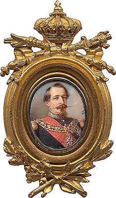 Gabriel Aristide Passot : Bildnis Napoleon III., Kaiser der Franzosen (1808-1873) in Uniform mit Collane, Cordon und Bruststern des kaiserlich französischen Ordens der Ehrenlegion; vor Wolkenhintergrund