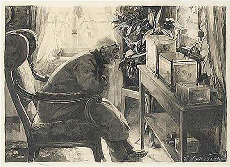 Fritz Koch-Gotha : The aquarist, intimate interior with an elderly man looking at his fish