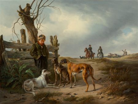 Karl Friedrich Schulz : Young boy resting beside a fence with hunting dogs