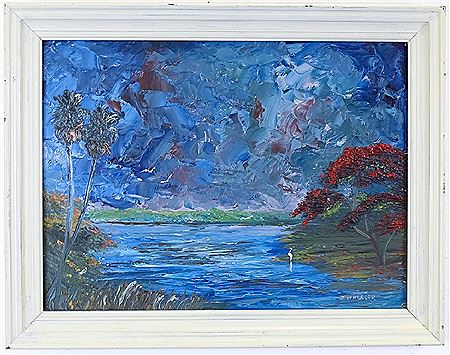 Chico (Charles) Wheeler : Natural Florida everglades or marsh  scene with a Royal Poinciana and birds in the background