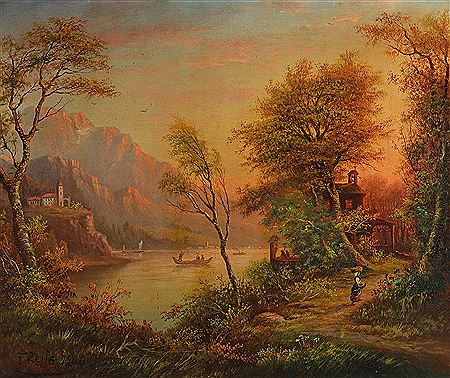 Fritz Reiss : Landscape with river, castle, chapel and brushwood collector, Evening mood