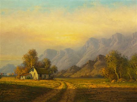 Gawie Cronje : Mountain Landscape with Cape Dutch Cottage