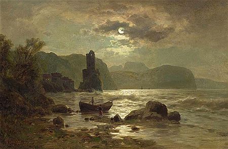 Adolf Chwala : Fishermen on the coast in the moonlight