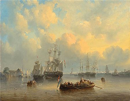 Hendrik Adolf Schaep : View of a harbour. 1851