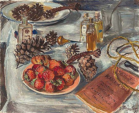 Ernst Denzler : Stilleben mit Erdbeeren, Tannenzapfen, versch. kleinen Flaschen und einem Buch von Karl Kraus